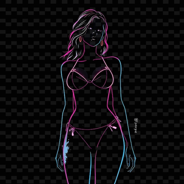 PSD femme mince en bikini à taille haute neon grunge design artistique avec des couleurs sombres thème décoré avec déchiré