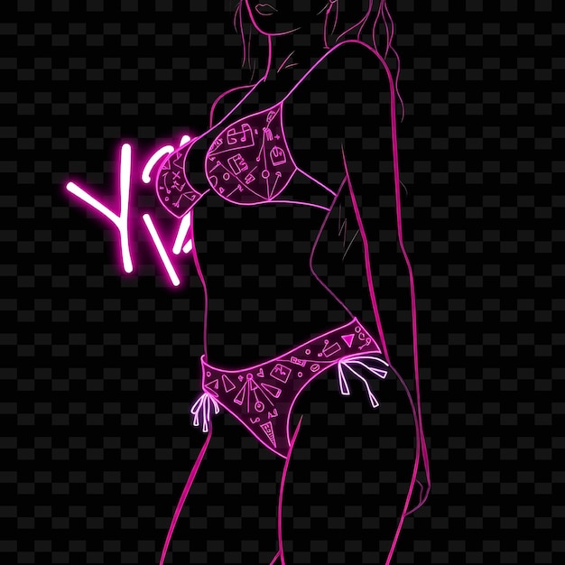 PSD femme mince en bikini à taille haute neon y2k design artistique avec illustration pastel neon characterc