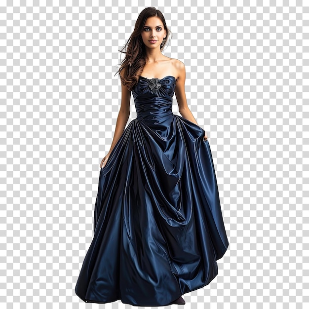 PSD une femme en robe bleue pose sur un fond transparent