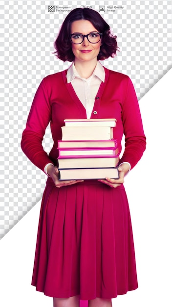 PSD femme tenant des livres dans un uniforme rouge et des lunettes