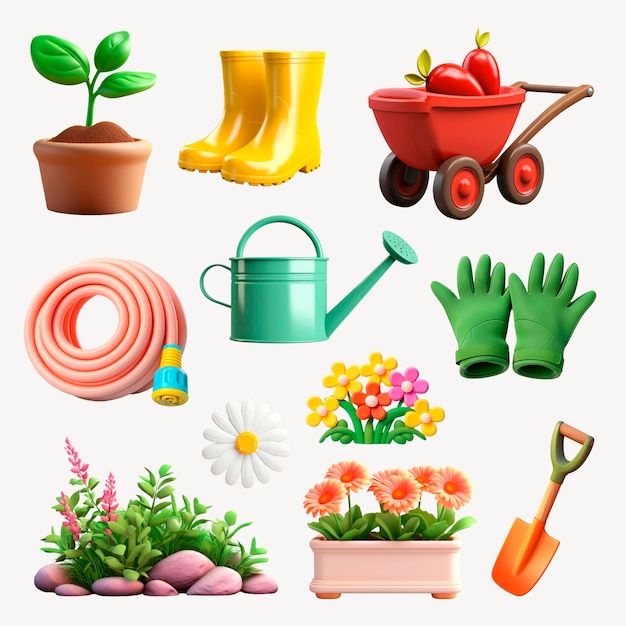 PSD ferramentas e plantas de jardinagem coloridas