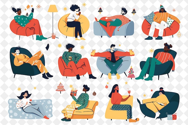 PSD fête de pyjama de noël avec des personnages qui se détendent dans une illustration festive de design artistique de noël