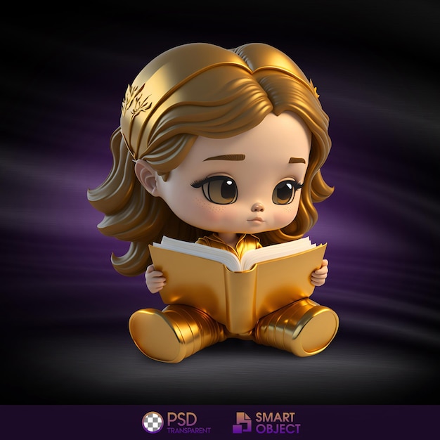 Une figurine d'une fille lisant un livre avec un fond violet.