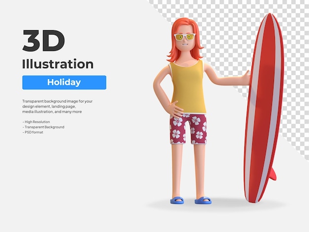 Fille debout avec illustration de personnage 3D de planche de surf