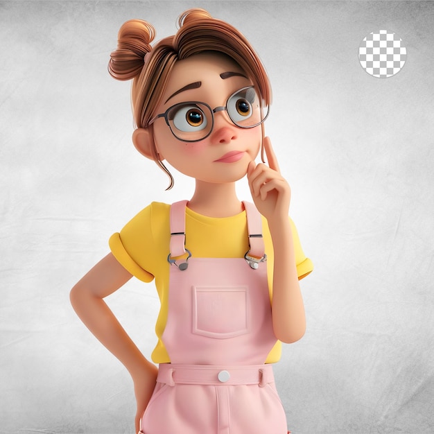 Fille intelligente de dessin animé 3D Isolée sur un fond transparent Personnage PNG transparent et ludique