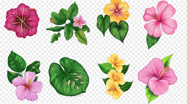 PSD fleurs tropicales à feuilles vertes isolées sur un fond transparent