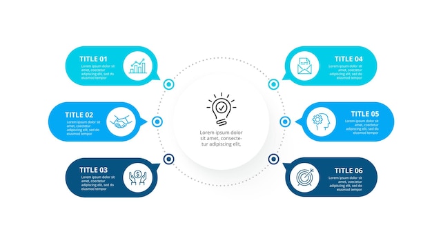 PSD flussdiagramm-infografik mit 6 abgerundeten elementen konzept von sechs phasen des geschäftsprojekts