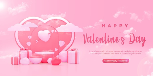 PSD fond de saint valentin avec podium en forme de coeur avec des cadeaux sur le côté