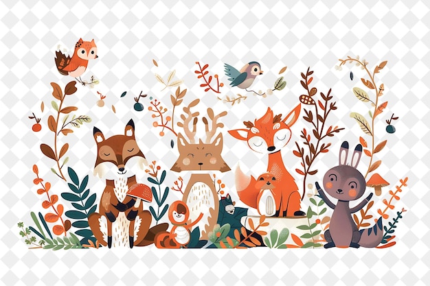 PSD forêt de conte de fées avec des personnages de créatures de la forêt ayant un style de vie populaire illustration plate