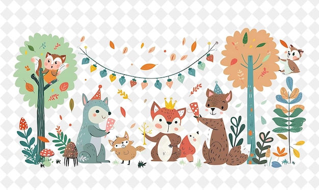 PSD forêt de conte de fées avec des personnages de créatures de la forêt ayant un style de vie populaire illustration plate