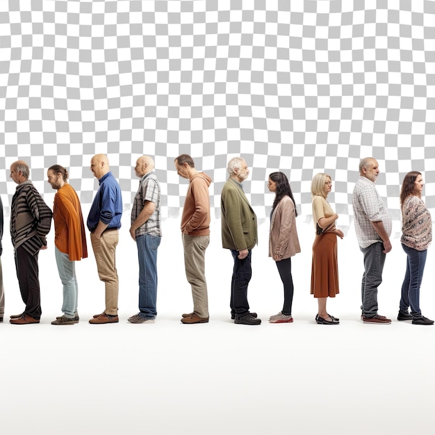 PSD fotografia de perfil completa de muitos jovens e idosos esperando em fila isolados em costas transparentes