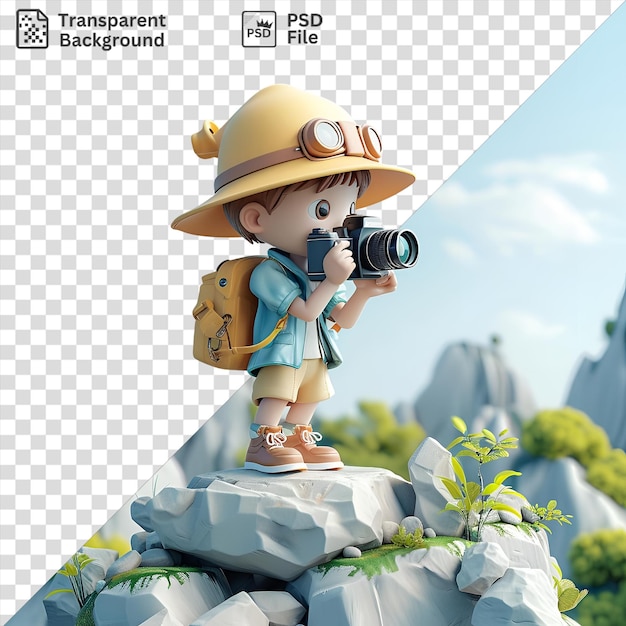 PSD fotógrafo de desenho animado 3d capturando paisagens deslumbrantes sob um céu azul com nuvens brancas vestindo um chapéu castanho e segurando uma câmera preta