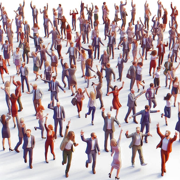 PSD une foule d'européens dansant ensemble et souriant sur un fond blanc.