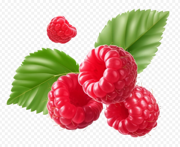 PSD framboise tombante avec des feuilles vertes isolées sur un fond transparent