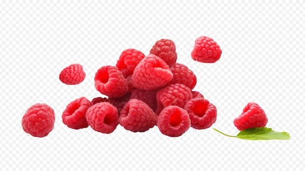 PSD framboise tombante avec des feuilles vertes isolées sur un fond transparent