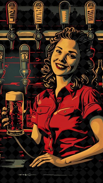 PSD frau, die ein bier hält und lächelt, mit einer bar als hintergrund eine flache illustration bierkultur design