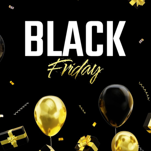 PSD fundo com balões voadores presentes confeti conceito de black friday renderização 3d