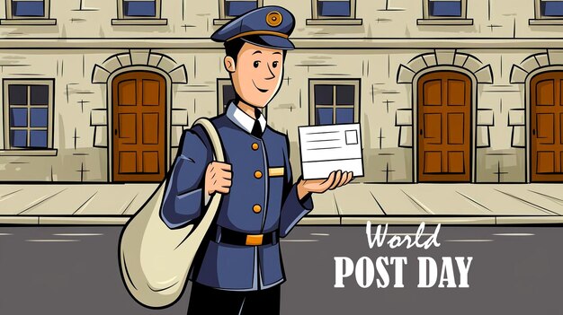 PSD fundo do dia mundial do correio com um carteiro segurando um cartão postal em um uniforme azul