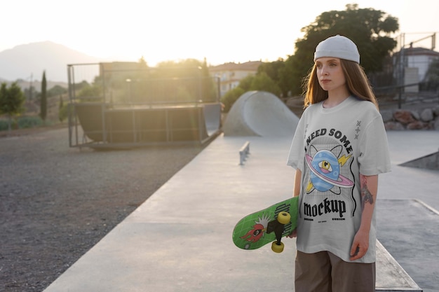 Garota patinadora de tiro médio atirando maquete ao ar livre