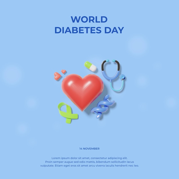 Giornata mondiale del diabete con elemento concettuale 3d