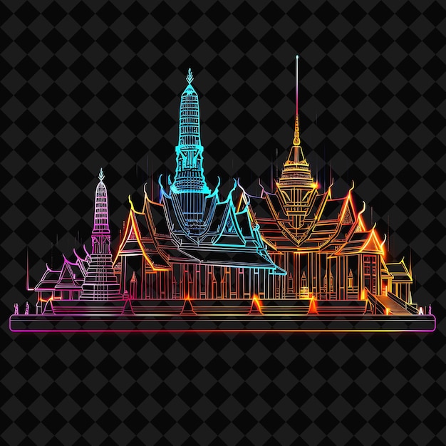 PSD glänzendes neon bangkok tempel in einer silhouette pentagon lands png y2k monoline cityscape collage art