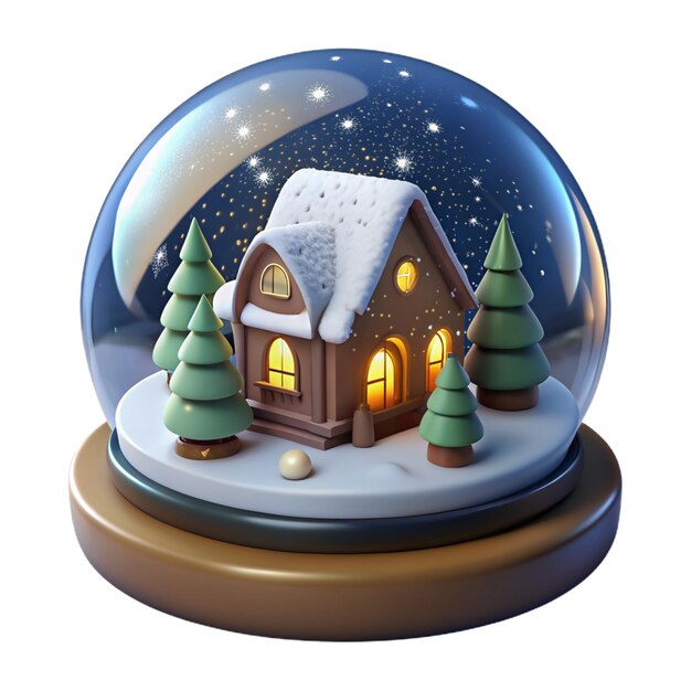 PSD globo de neve 3d de luxo com uma casa bonita coberta de neve cena de natal festiva em plástico