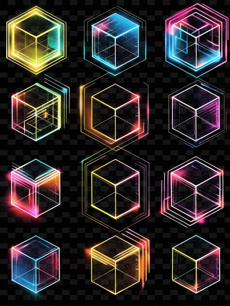 PSD glowing wireframe cubes interlocking wireframes collage textu y2k texture shape background decor art (arte de decoração de fundo)