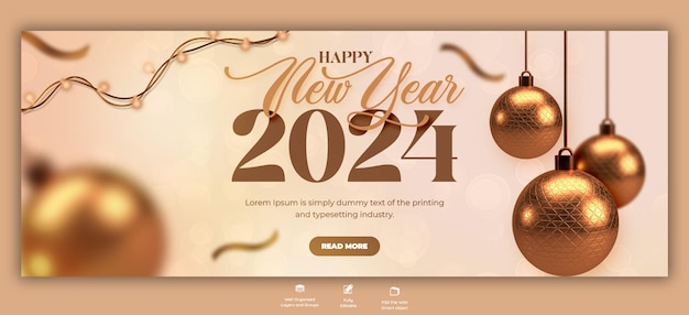 PSD glückliches neujahr 2024 feiern facebook cover post design vorlage