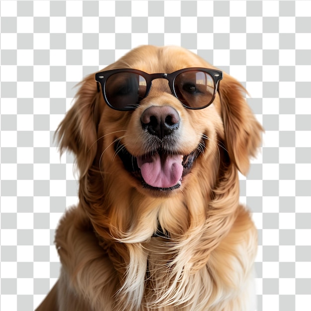 Un Golden Retriever portant des lunettes de soleil sur un fond transparent