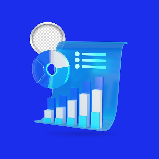 PSD gráfico de análise de dados ícone 3d e um recipiente com um fundo azul