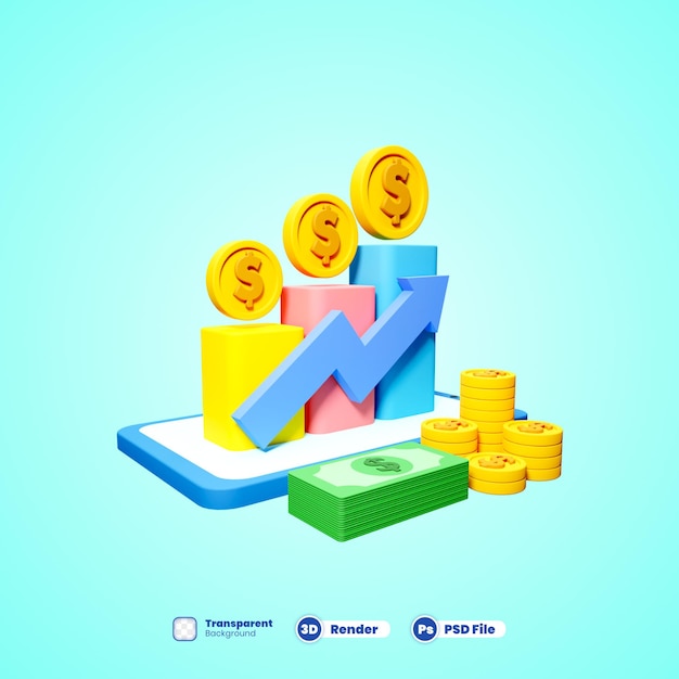 PSD gráfico de estoque de crescimento 3d com moedas investindo ícone com telefone celular