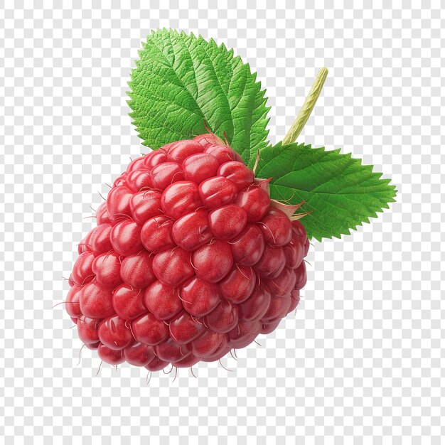 PSD un gros plan d'une framboise fraîche aux feuilles vertes