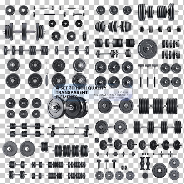 PSD großer satz von gummi-metall-hanteln und plattengewicht auf durchsichtigem hintergrund