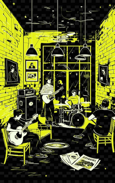 Un groupe de rock indépendant jouant dans un café hipster avec des affiches de musique d'illustration en vinyle