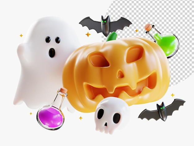 PSD halloween effrayant tête de citrouille avec potion poison crâne de chauve-souris et mignon fantôme éléments d'halloween concept pour les publicités d'affichage de bannières web brochure carte de vœux invitation à une fête 3d rendering