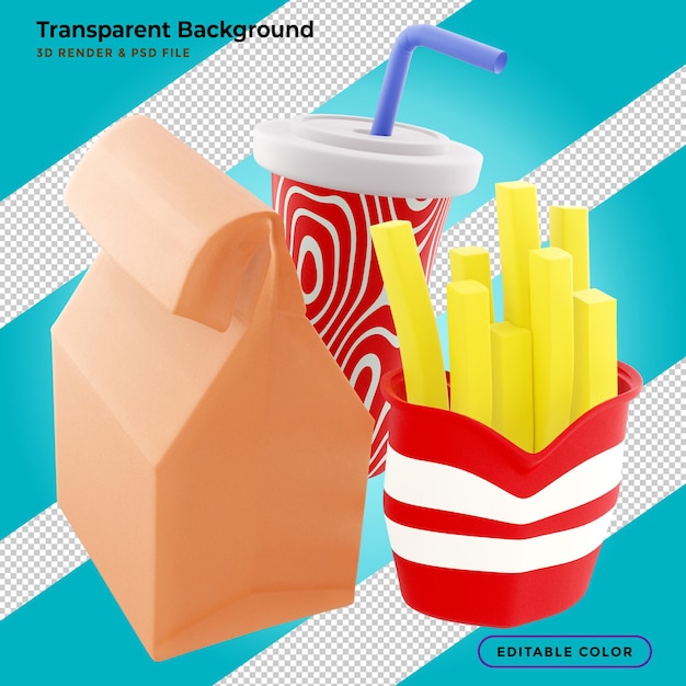 Hamburgers frites et boissons non alcoolisées rendu 3d