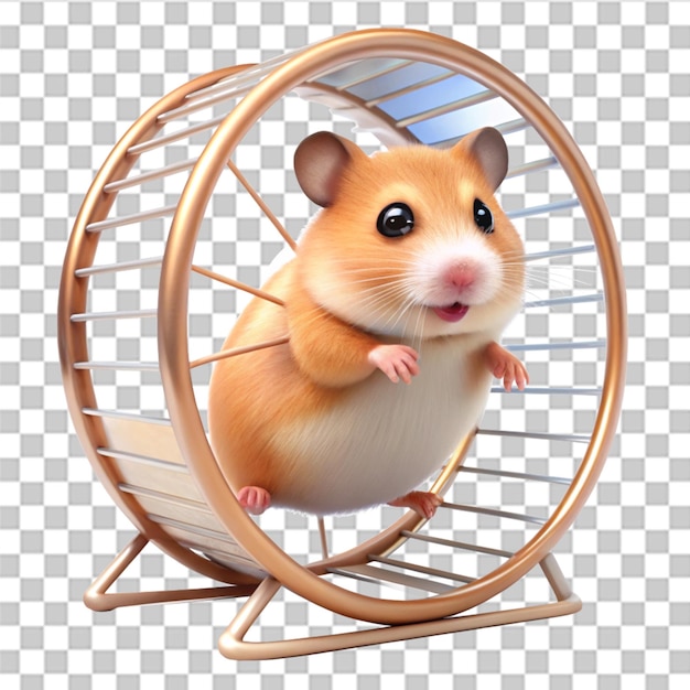 PSD un hamster de dessin animé mignon qui court sur une roue de hamster isolée sur un fond transparent