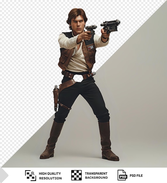 PSD han solo dispara primeiro com uma arma de blaster com a icônica camisa branca e calças pretas.