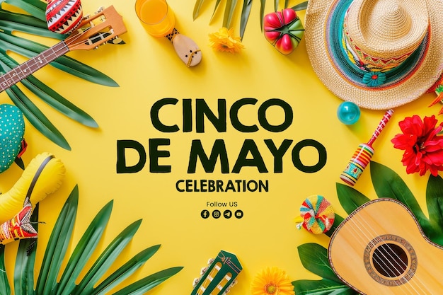 Happy cinco de mayo Banner Vorlage mit mexikanischen Kaktusgitarren Sombrero Hut Maracas Leuchtend gelb