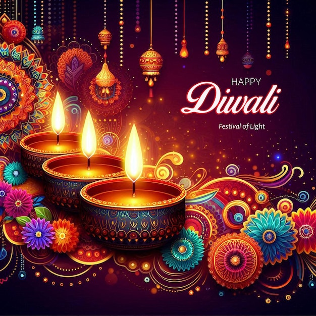 PSD happy diwali poster vorlage mit farbenfroher diya öllampe, die das hinduistische fest diwali psd feiert