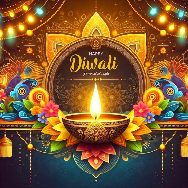 PSD happy diwali poster vorlage mit farbenfroher diya öllampe, die das hinduistische fest diwali psd feiert