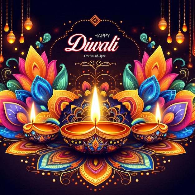 PSD happy diwali poster vorlage mit farbenfroher diya öllampe, die das hinduistische fest diwali psd feiert