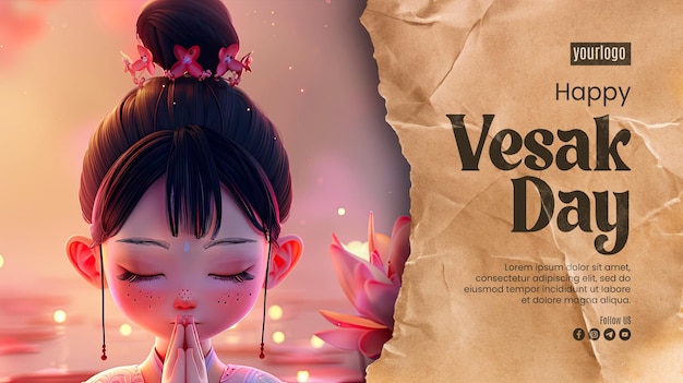 Happy Vesak Day Poster Vorlage mit Hintergrund handgezeichnetes Mädchen süßes volles Gesicht Googlyegg Form