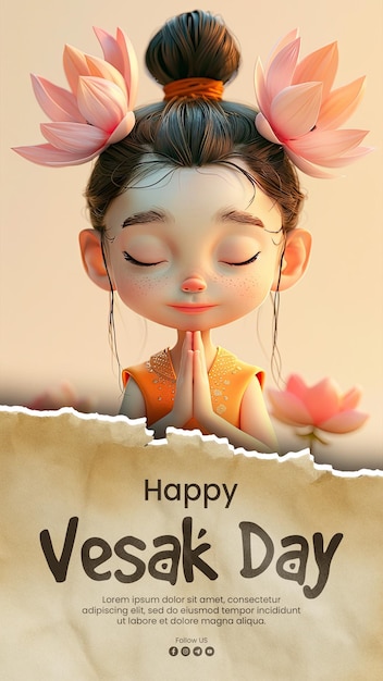 Happy vesak day social media post-vorlage mit mädchen süß voll gesicht reich lächeln haar bun lotus