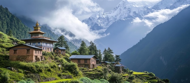 PSD himalaya-dorf mit kloster und schneebedeckten bergen