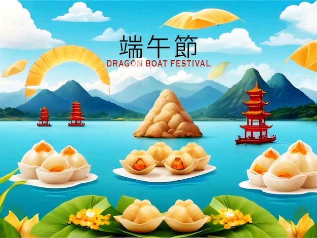 PSD hintergrundvorlage des happy dragon boat festivals traditionelles essen reis knödel und naturlandschaft m