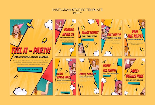 PSD histórias de instagram de festa de estilo cômico