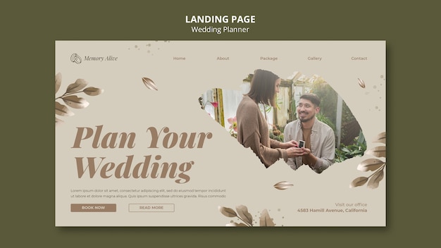 Hochzeitsplaner-landingpage-vorlage mit aquarellblättern