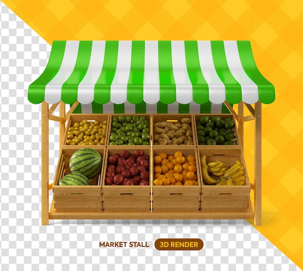 PSD holzmarktstand mit obst und gemüse 3d-rendering