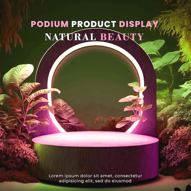 Holzpodestbühnen-Display-Mockup für die Produktpräsentation, dekoriert mit tropischem Waldneon